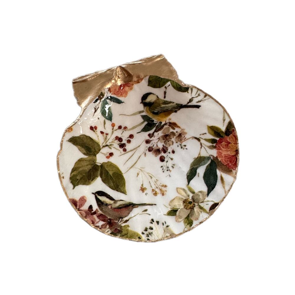 Vintage Songbird Scallop Shell Trinket Dish, Botanical Jewelry Holder - Picture 5 of 6